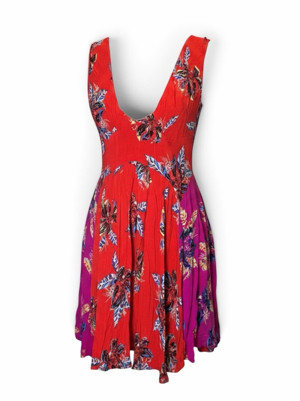Y2K VTG Free People Red Floral Colorblock Open Back Boho Dress Rayon XS